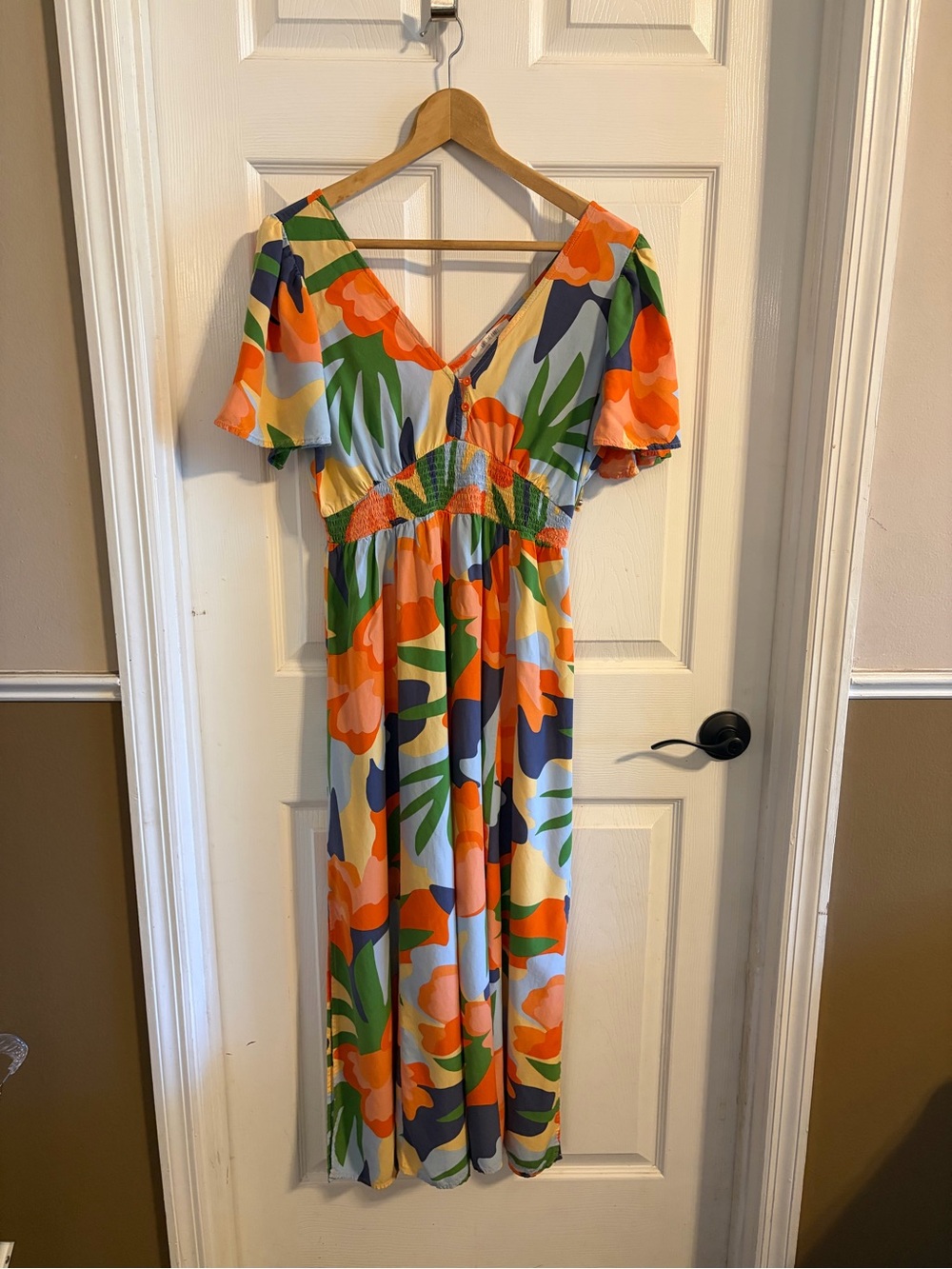 Abel the Label Anthropologie Maxi Dress M Tropical Floral Smocked Boho Vacation